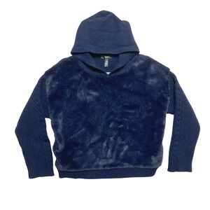 Aqua Sweater Girls XL Navy Blue Faux Fur Cable Knit Hooded Pullover